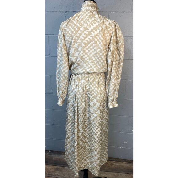 Vintage 1980s 2 Piece Skirt Set Abstract Hounds tooth Checked Tan Cream SM/MD - Picture 5 of 9